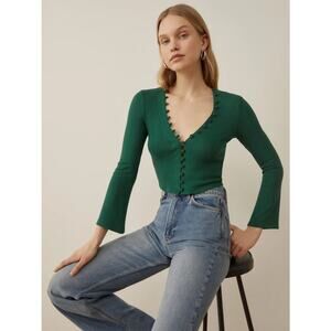 Reformation Kalina Knit Top Green Sycamore Ribbed Button Front Long Sleeve M